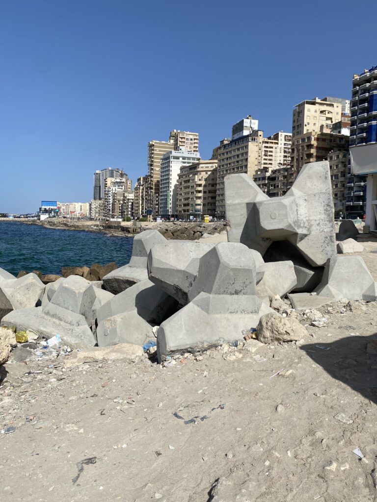 Blocks line the beach in Alexandria