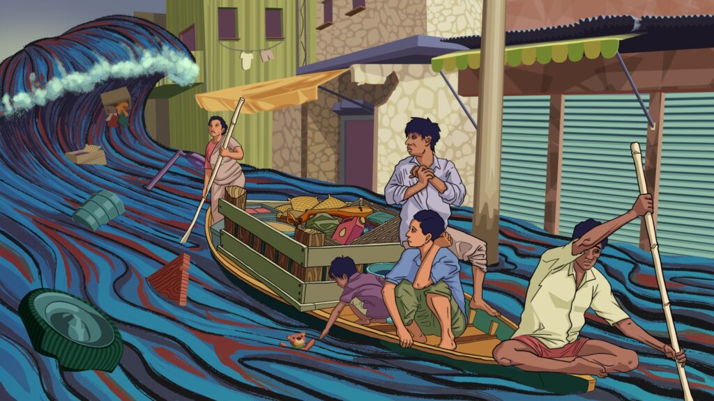 People on a boat escape a larger looming wave in Dhaka