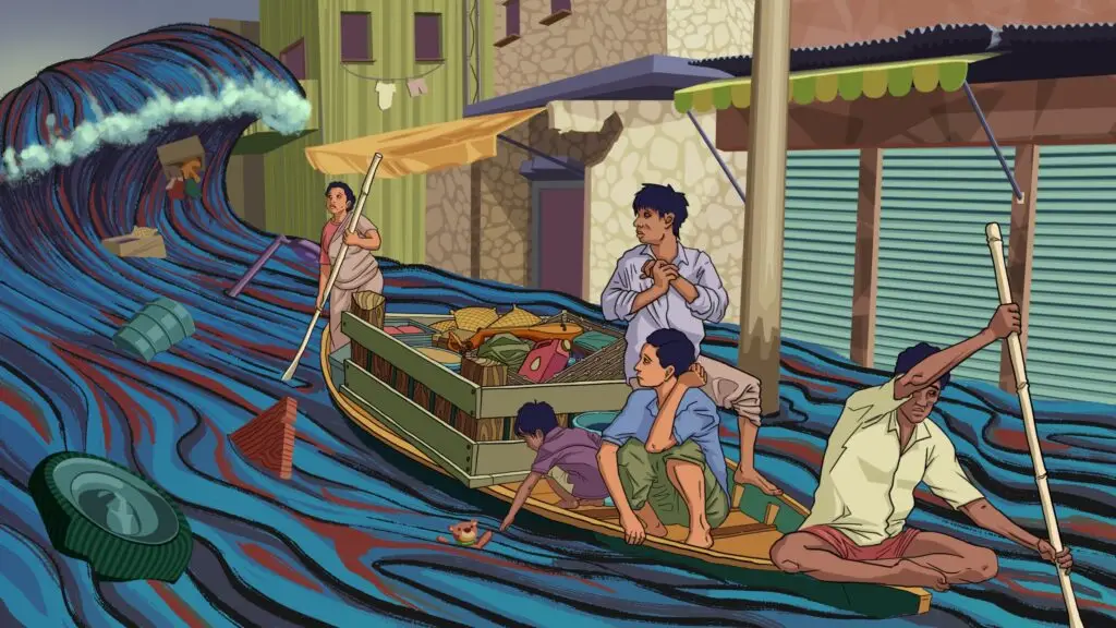 People on a boat escape a larger looming wave in Dhaka
