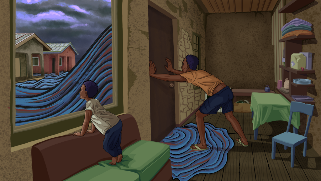 A man and his child try to stop water from pouring in in Lagos Nigeria, illustration by Walker Gawande
