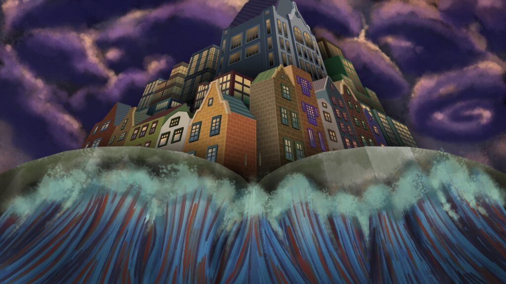 Wave rush against a city protected by a giant, fortress-like gate in this image by Walker Gawande