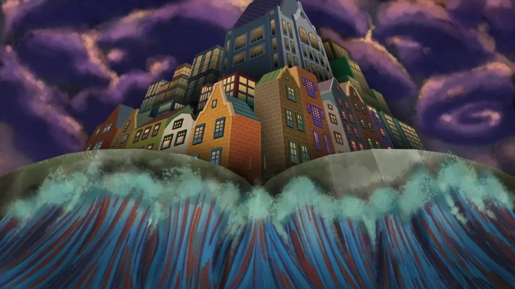 Wave rush against a city protected by a giant, fortress-like gate in this image by Walker Gawande