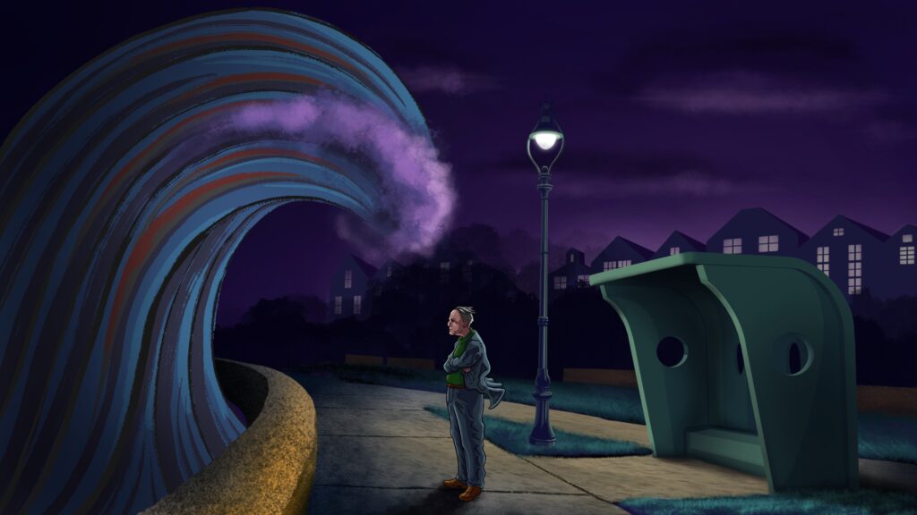 An elderly man stands on a residential beach walkway, while a wave comes towards him, illustration by Walker Gawande