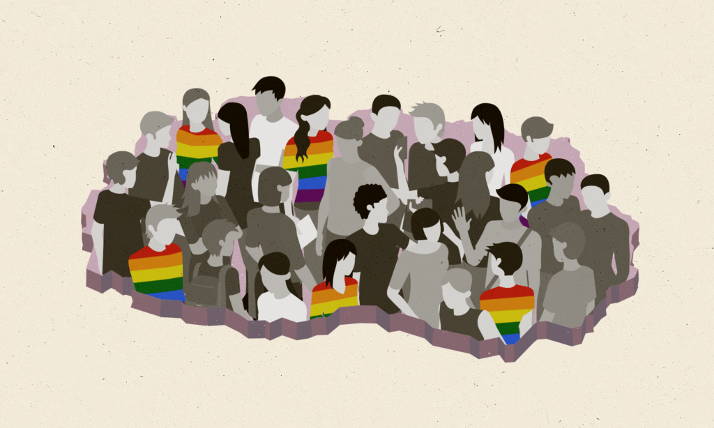 Abstract people, some wearing rainbow printed shirts, converse in an outline of North Macedonia