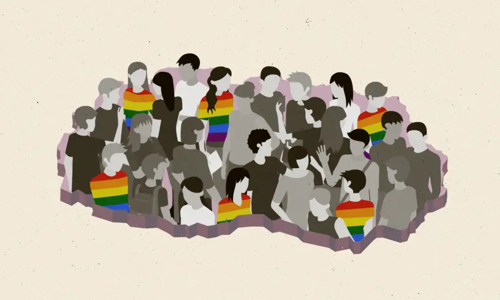 Abstract people, some wearing rainbow printed shirts, converse in an outline of North Macedonia