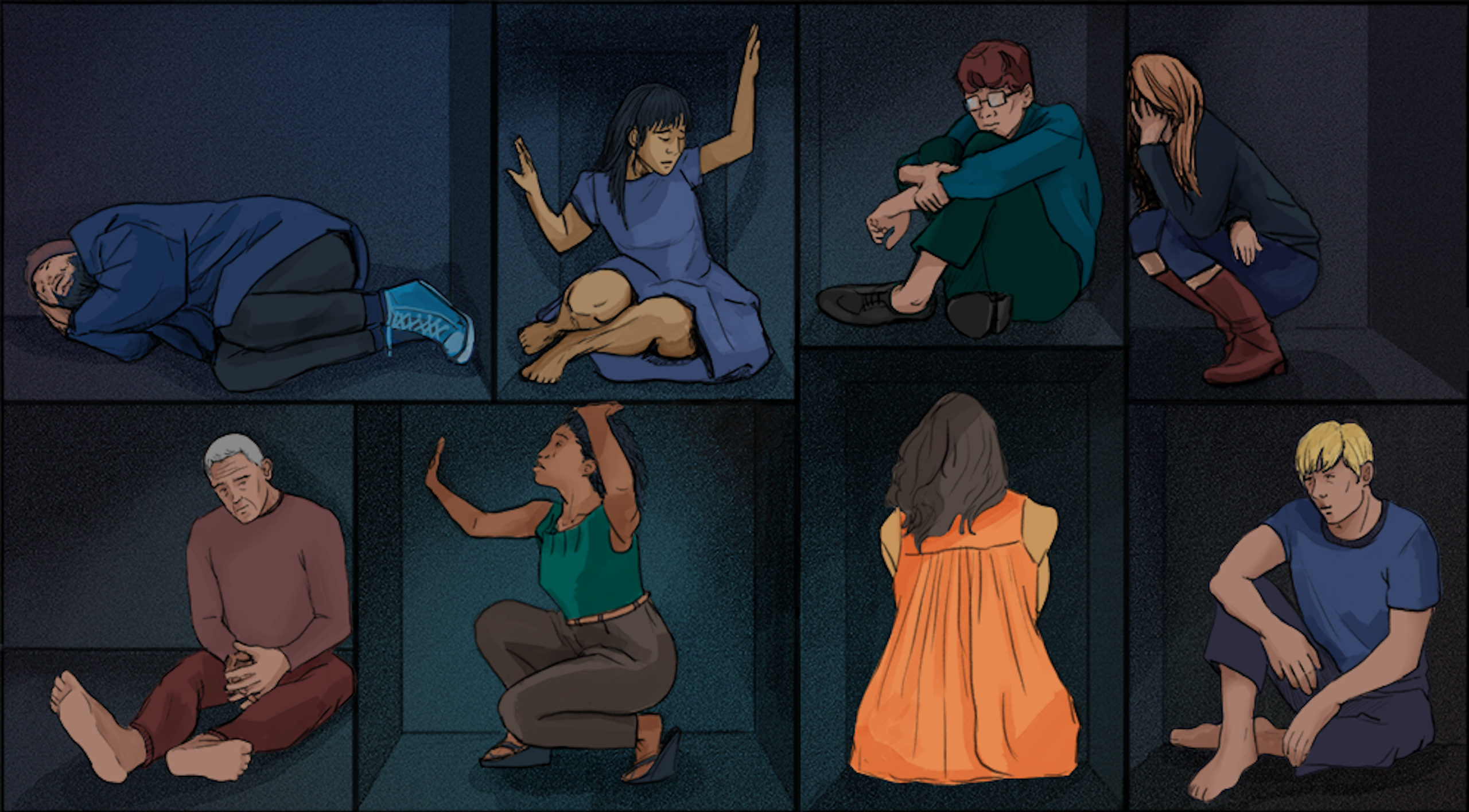 People sit in boxed compartments, some struggling to get out and others staring despondently, illustration by Charity Atakunda