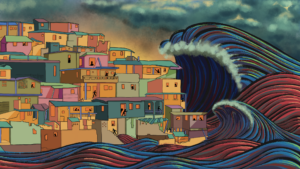 Waves loom over the city of Karachi, illustration by Walker Gawande