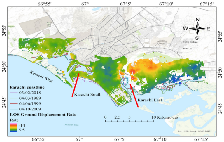 Map showing changes to Karachi's coastline