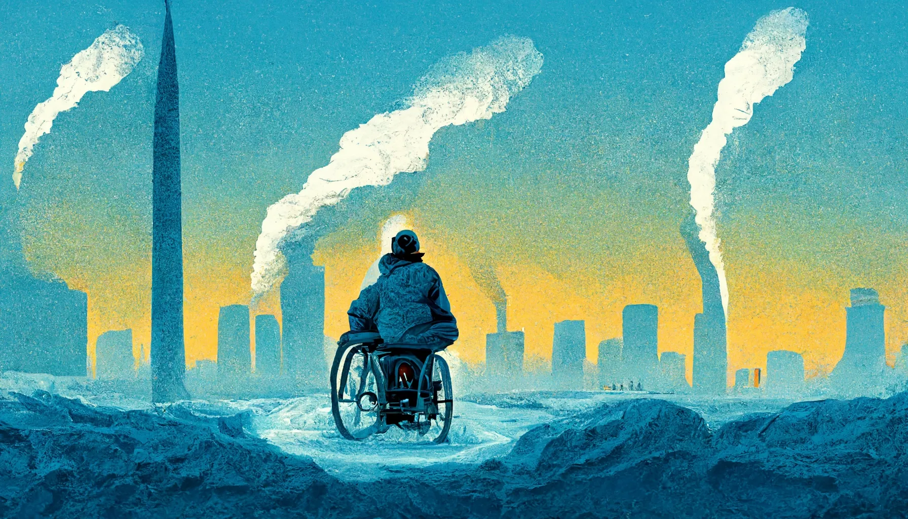 A figure in a wheelchair views smokestacks from afar, in this futuristic image