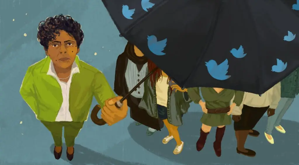 A woman stands holding an umbrella over anonymous women