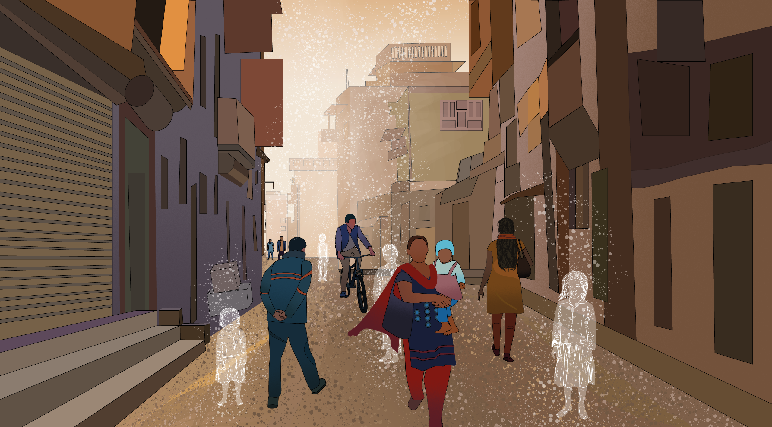 illustration shows children and adults in an alley, with some of the children turning into a silhouette.