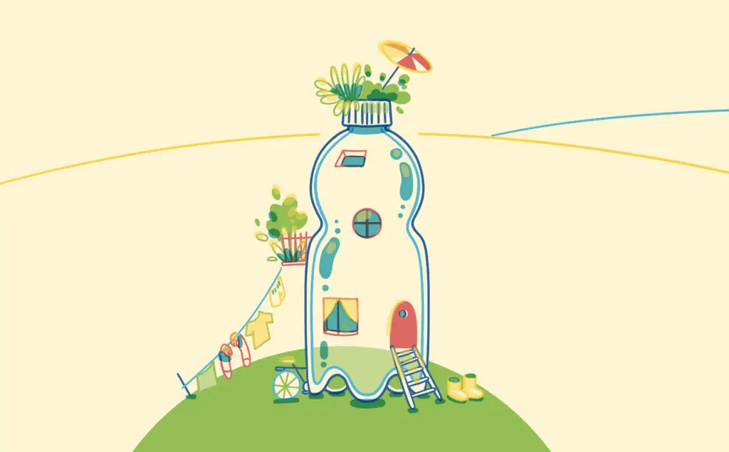 A clear plastic bottle on a hill serves as a house with a garden on top in this whimsical image