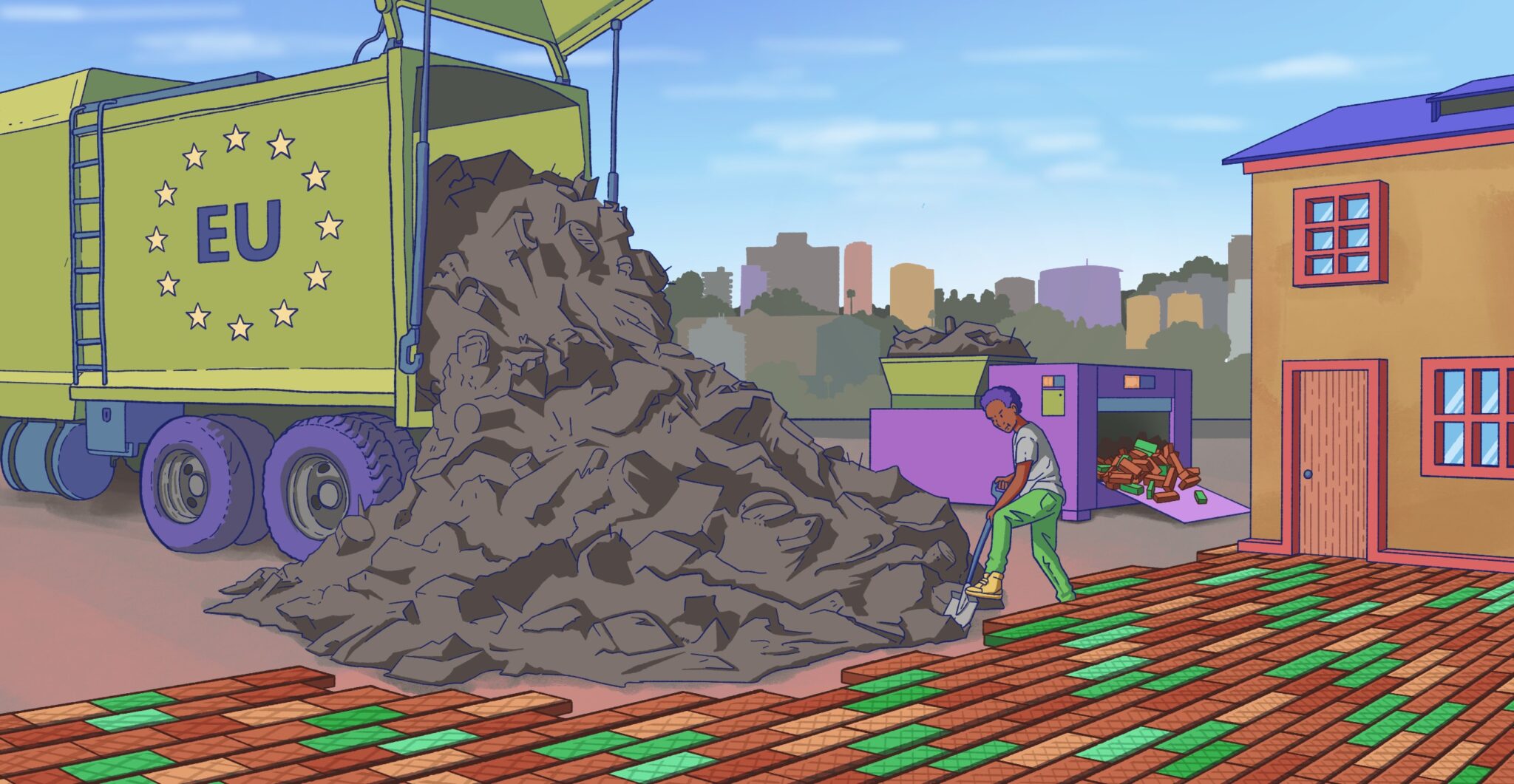 A person is shoveling plastic waste alongside colorful plastic bricks in front of a house