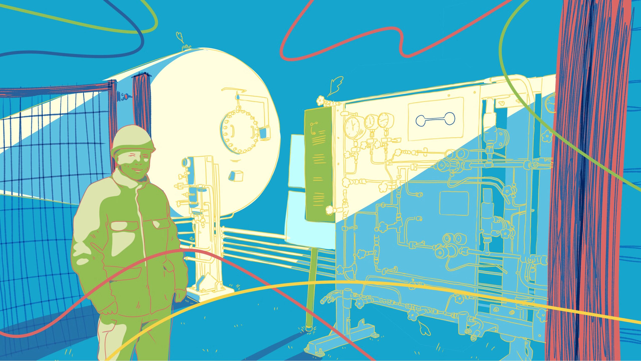 A green-tinted man stands in an industrial factory filled with gadgets and dials