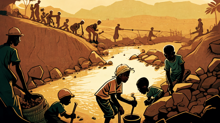 Small children work at the bed of a river, panning for gold