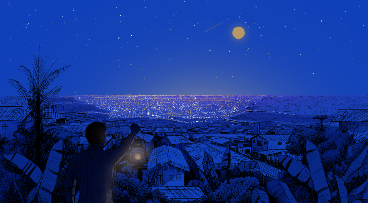 A man holding a lantern in his darkened town overlooks a city in the distance brightly lit by electricity in this illustration by Charity Atakunda