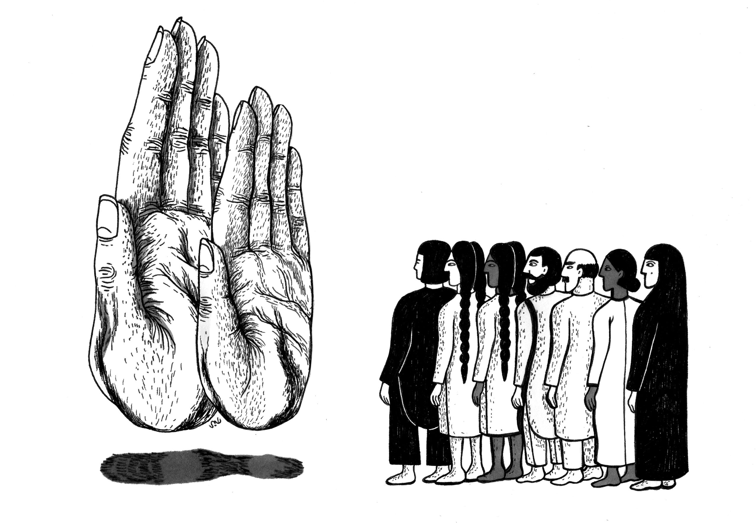 Two giant hands block the way for a group of people with various skin colors, genders and hair styles.