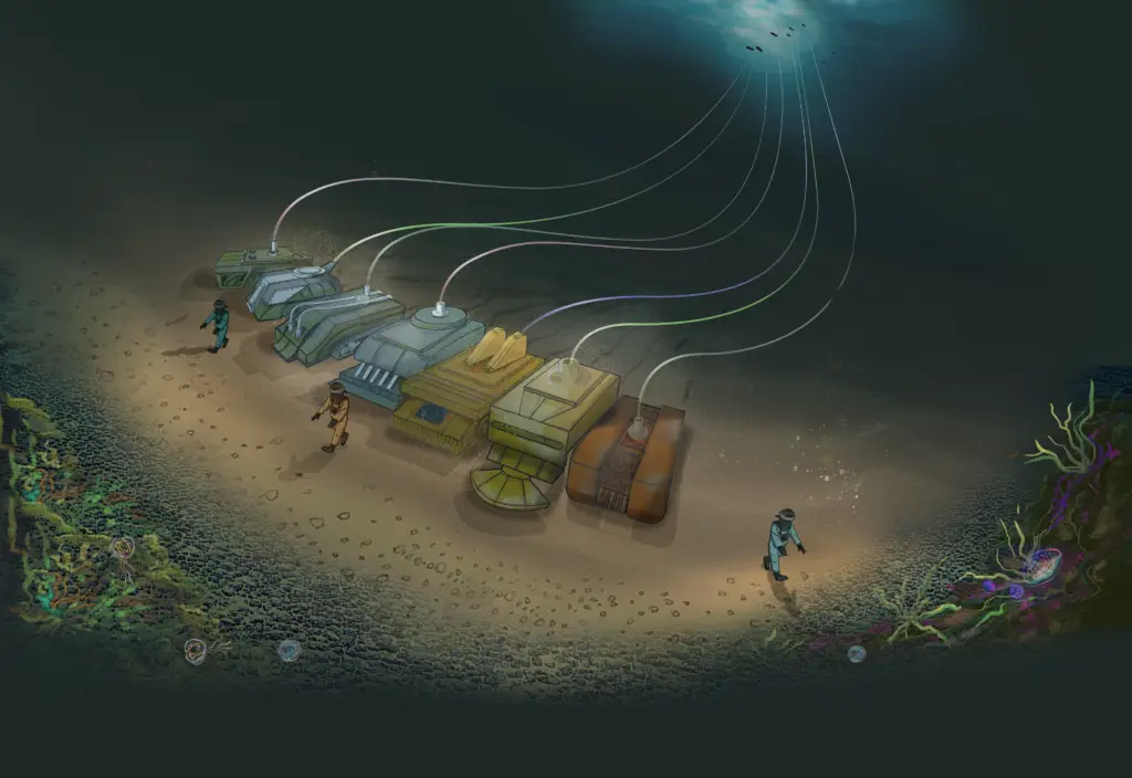 Machines line up on the ocean floor while a man in a deep sea suit walks in front