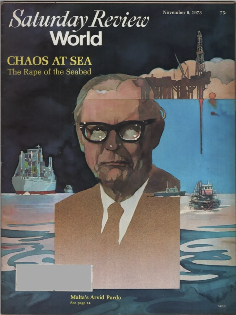 An old magazine from the 1970's depicts Arvid Pardo in glasses hovering over a dark sea.