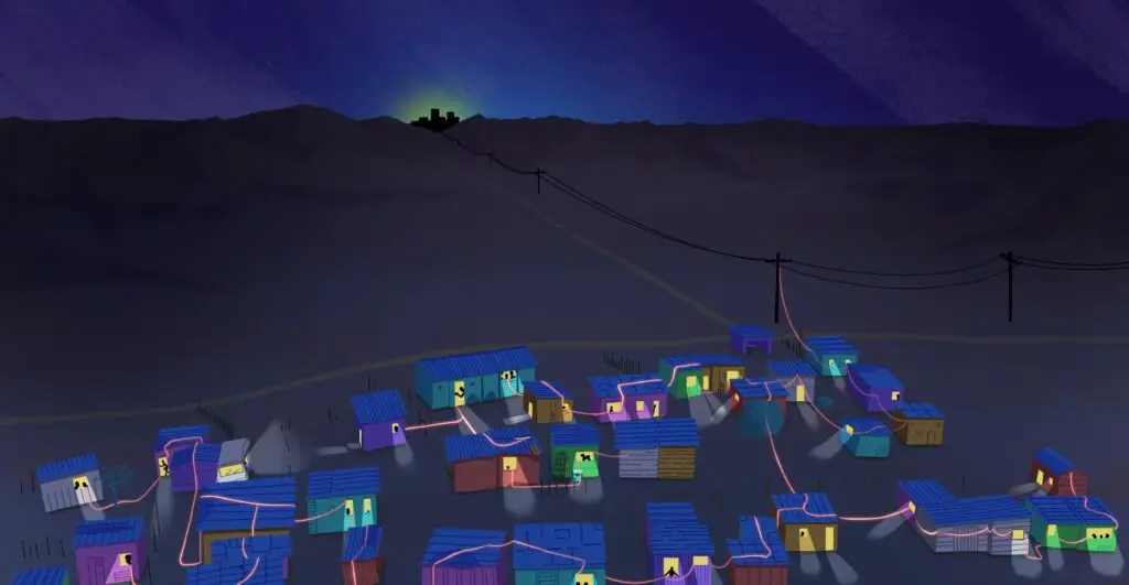 A town haphazardly connected by cables is distantly connected by a cable to a shining town in the distance