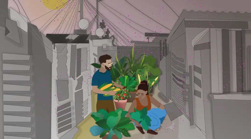 The image shows two individuals holding plants and corn.