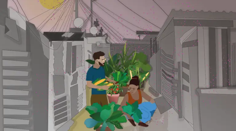 The image shows two individuals holding plants and corn.