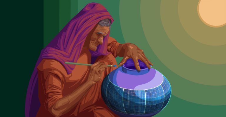 An elderly woman is painting a vase with solar panels around the side in this illustration by Walker Gawande.