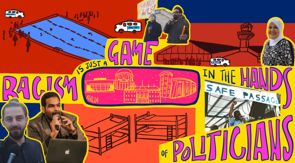 A collage shows people fighting deportation and has the words "racism is just a game in the hands of politicians"