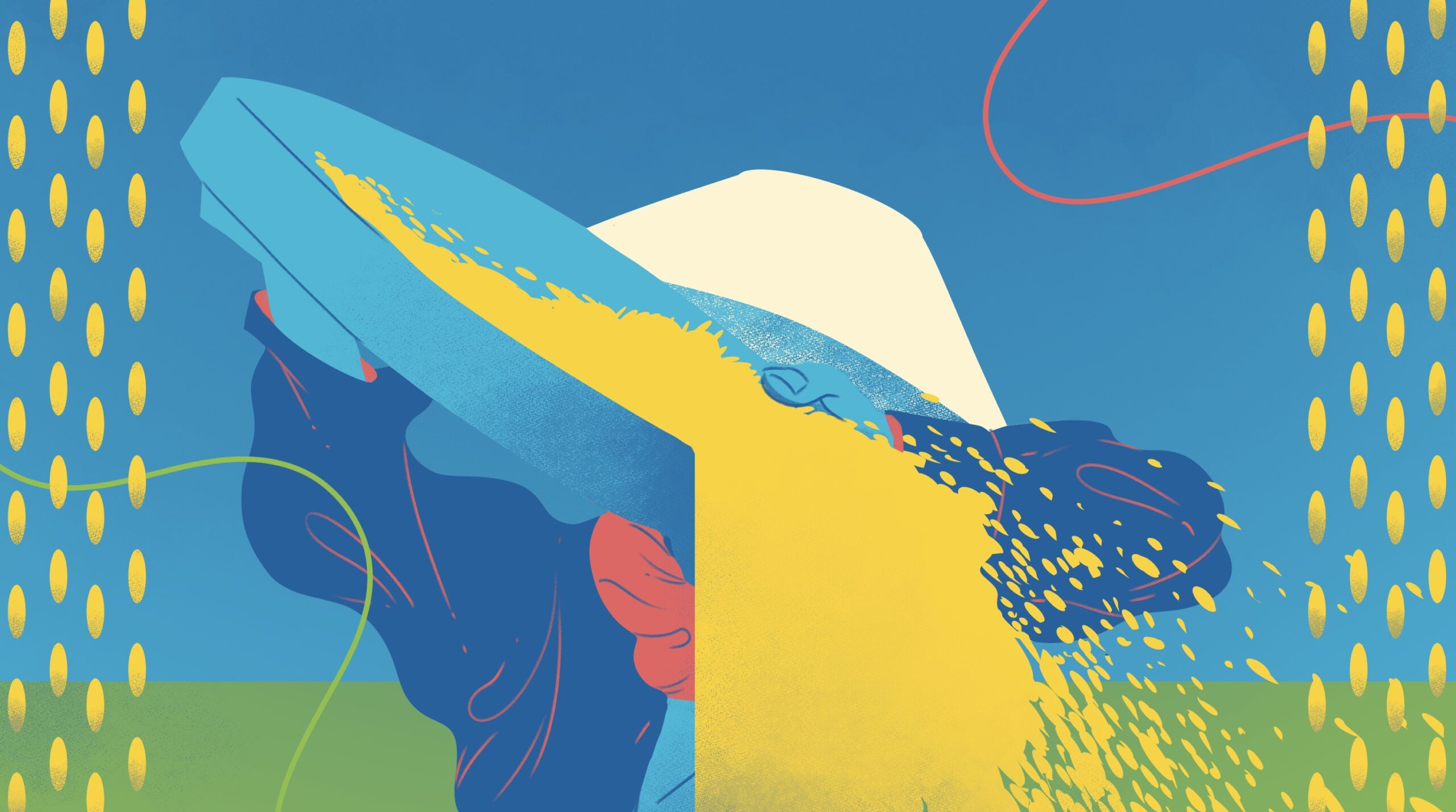 A person wearing a hat pours golden rice onto the field in this abstract illustration by Frauke Berger.