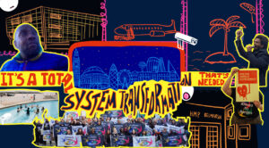 A collage shows people fighting deportation and has the words "its a total system transformation that's needed"