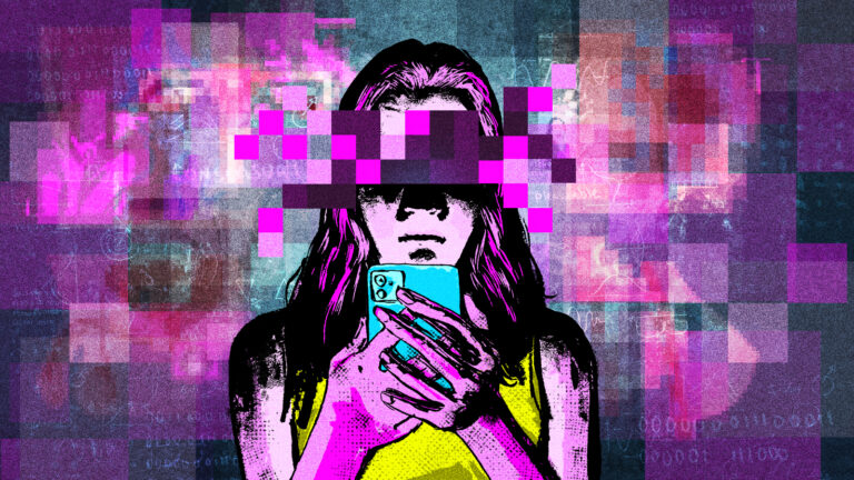 A woman looks at a phone, her eyes are blurred and pixelated in bright colors