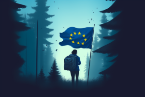 A woman with a backpack stands at the edge of a dark forest with an EU flag in the background