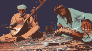 Two men sit on a carpet playing traditional Pakistani instruments