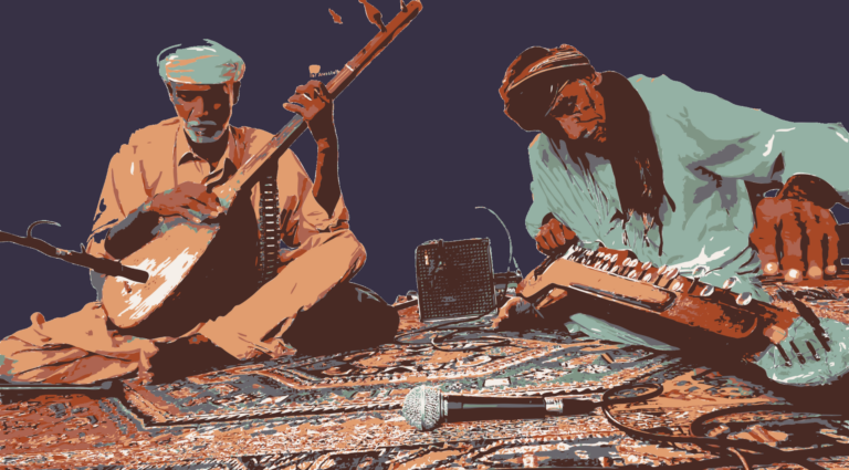Two men sit on a carpet playing traditional Pakistani instruments