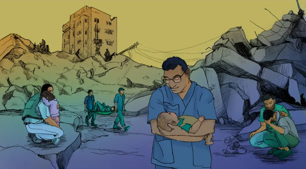 In a background of destroyed buildings, men are engaged in various acts of care, holding a baby, comforting a son and carrying out bodies