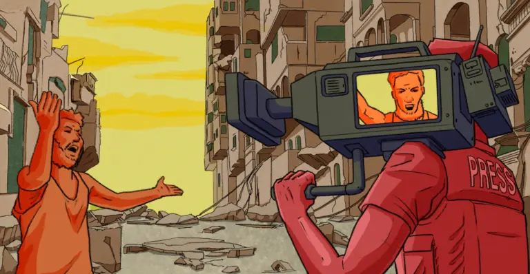A man standing among rubble gesturing at his surroundings in despair is videotaped by a journalist who shows his angry face but not the context
