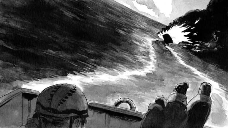 In an ink illustration, several people wrapped in blankets stare in the distance at ship on fire sinking