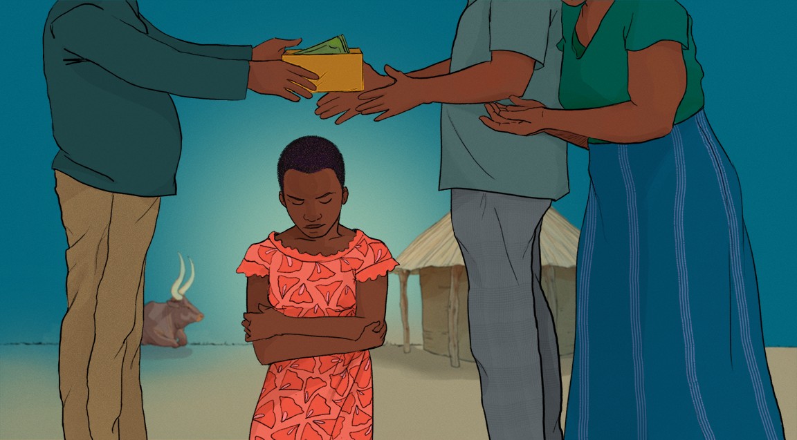 A girl looks downward as adults above her exchange papers in this illustration by Charity Atakunde
