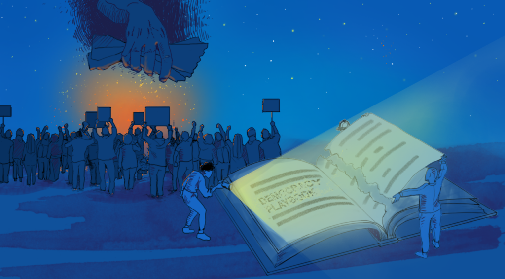People in a crowd of protesters hold up signs against a firey backup, in the foreground people read a giant book that has been censored