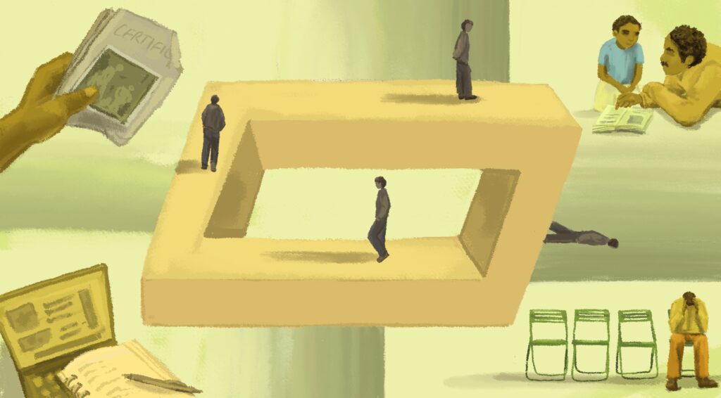 A man walks around a labrynth, while scenes from his search for work play out on the sides.