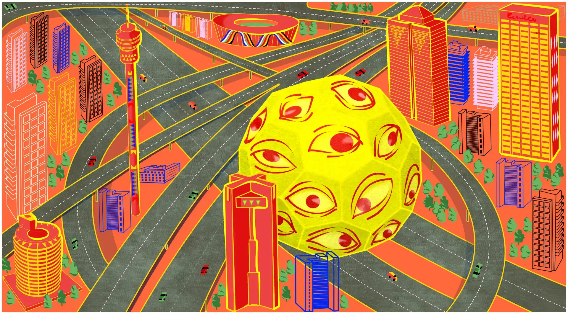A giant rolling ball covered with eyeballs rolls over intersecting highways
