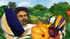 A man in a garden is surrounded by colorful vegetables in this illustration by Suryaa Rajan