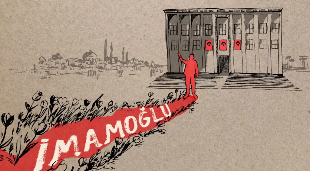 People carry a banner with Imamoglu's name to the government