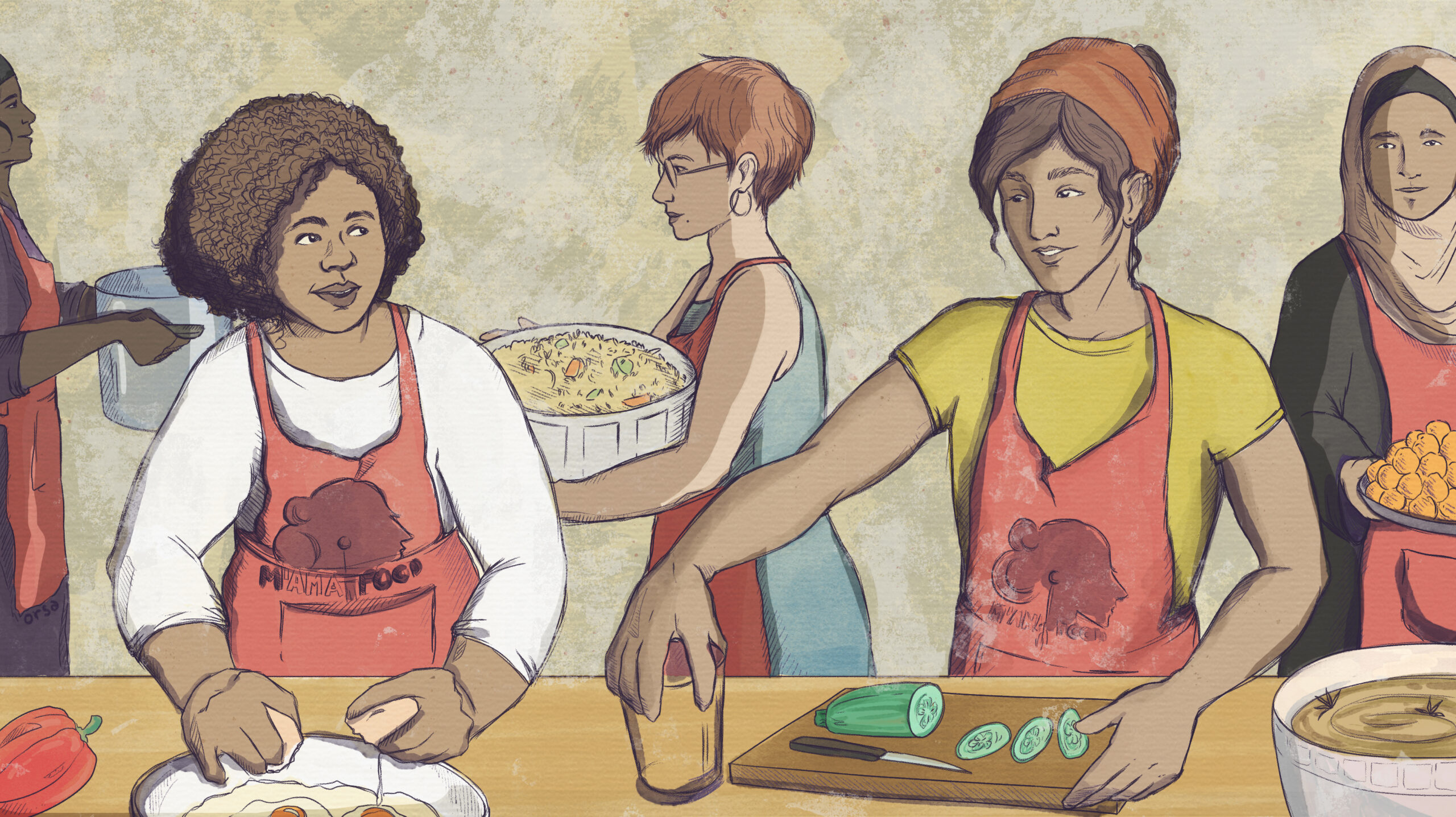 A diverse group of women gathered around a table prepare food