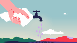 A hand from the sky turns on a faucet
