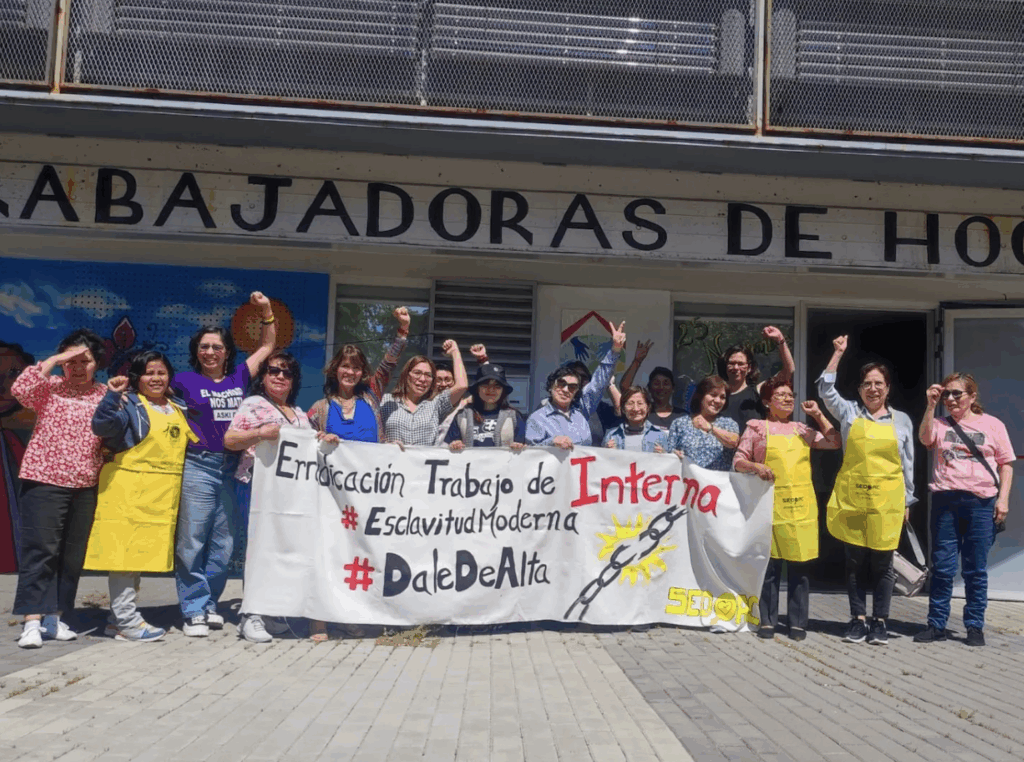 Domestic and care workers, accompanied by Edith Espínola (third from the left), attend a Sunday meeting at CETHYC (Centro de Empoderamiento de Trabajadoras del Hogar y los Cuidados) in Madrid in April 2024. Between 2019 and 2024, around 8,700 people have participated in activities there to strengthen their awareness. Photo: SEDOAC.jpg