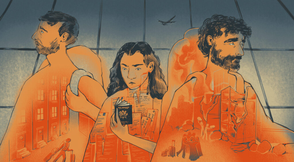 Three people wait in a airport line, while dreams and fears of Syria play in their mind