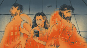 Three people wait in a airport line, while dreams and fears of Syria play in their mind