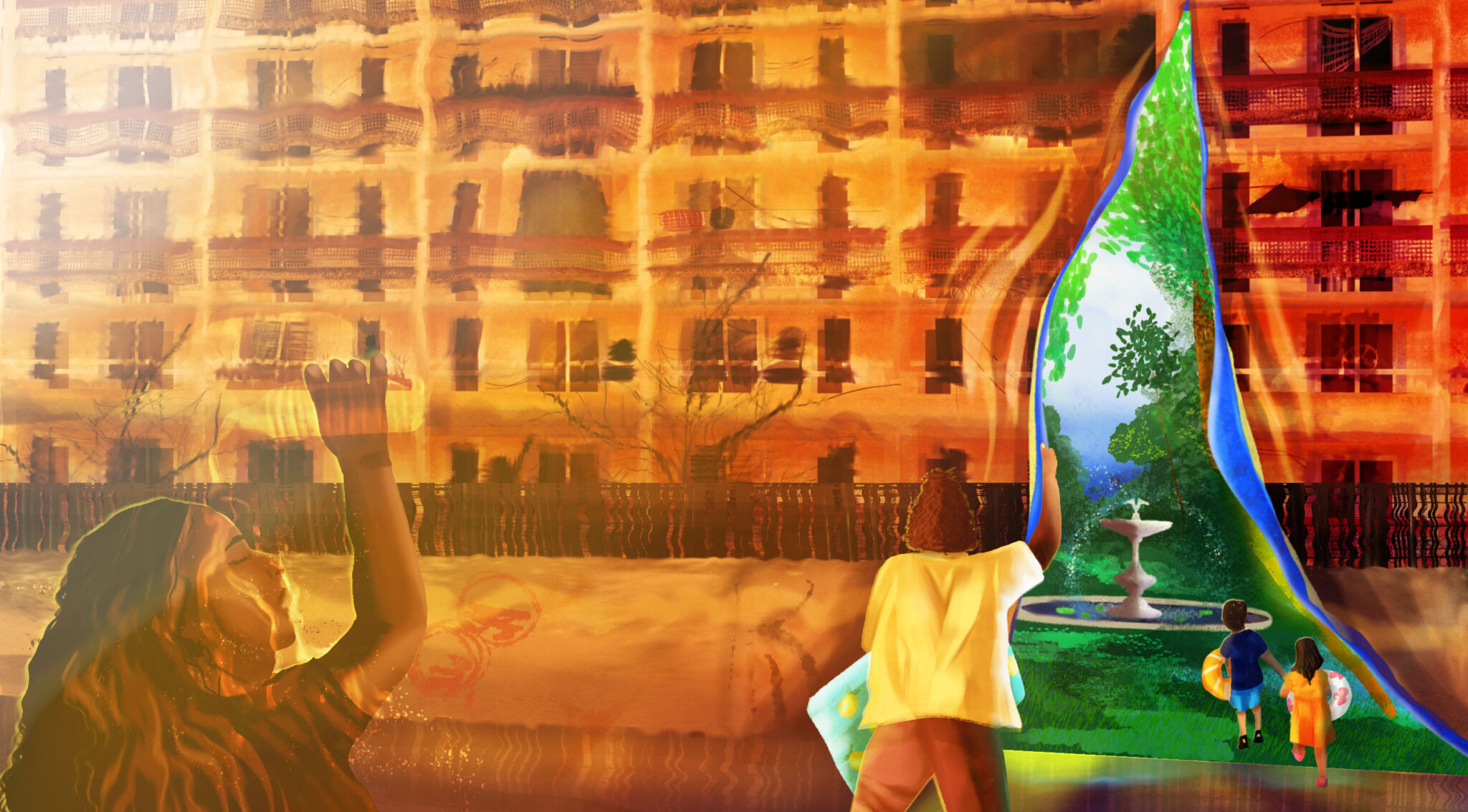 A heated building facade is pulled aside to reveal a cool oasis in a city