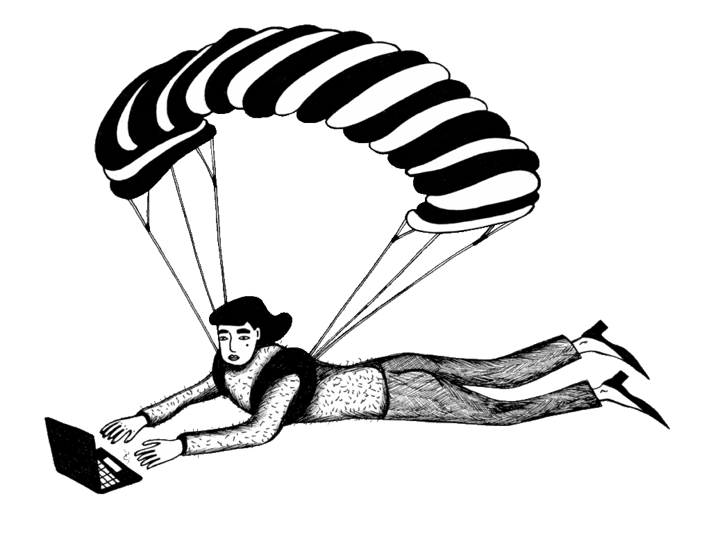 An illustrated woman wearing high heels and a parachute is typing on a laptop